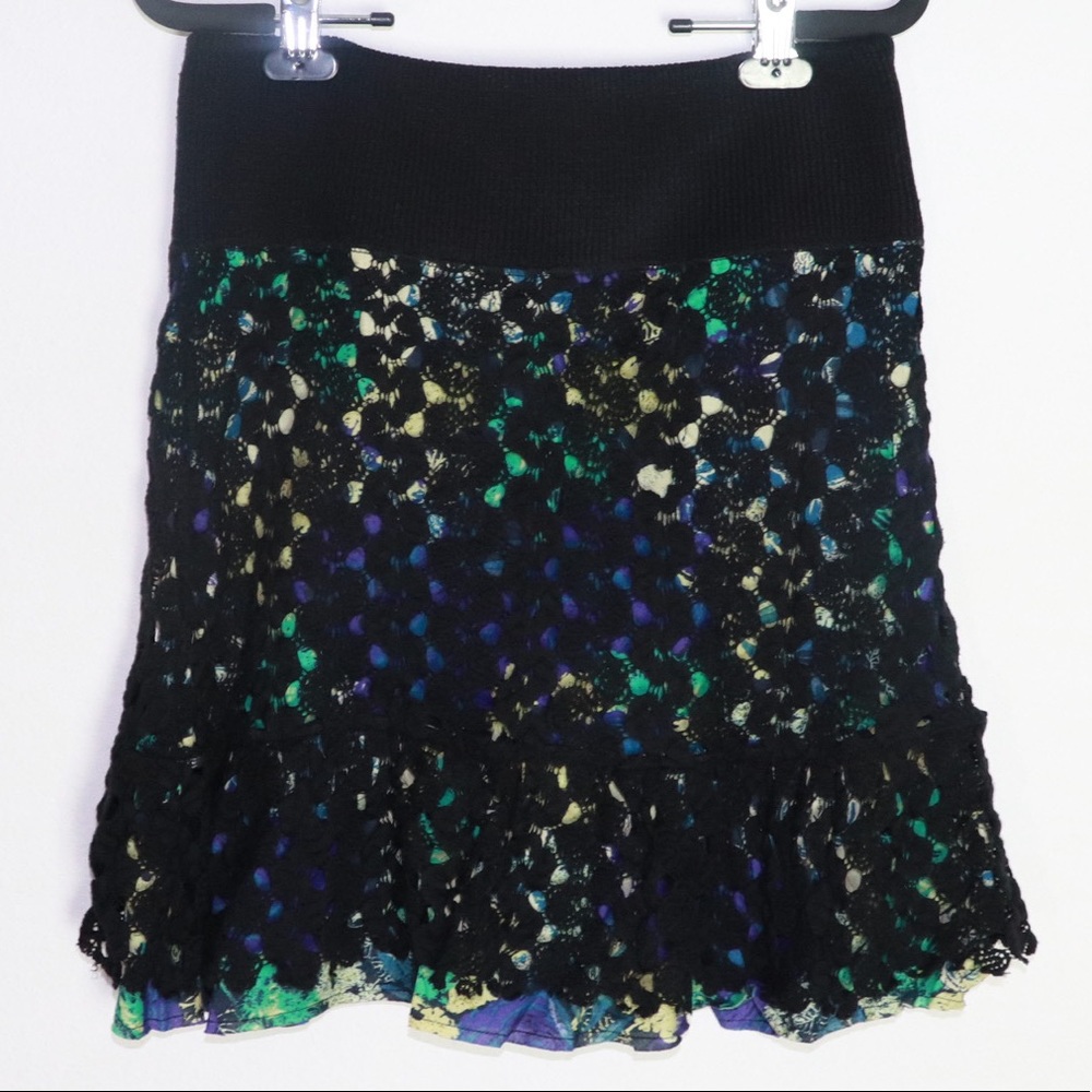 Free People Black Lace and Blue Green Roses Floral Skirt XS
